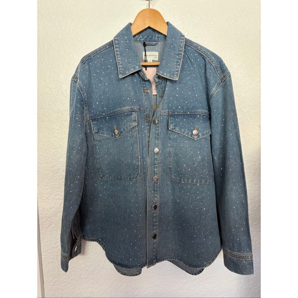 Avec Les Filles Rhinestone Denim Shacket Size L Embellished Button Front - Picture 3 of 12
